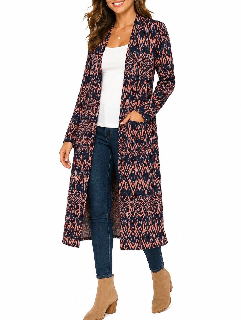NWT Agnes & Dora Navy Coral Ikat Geometric Long Duster Cardigan Size M/L